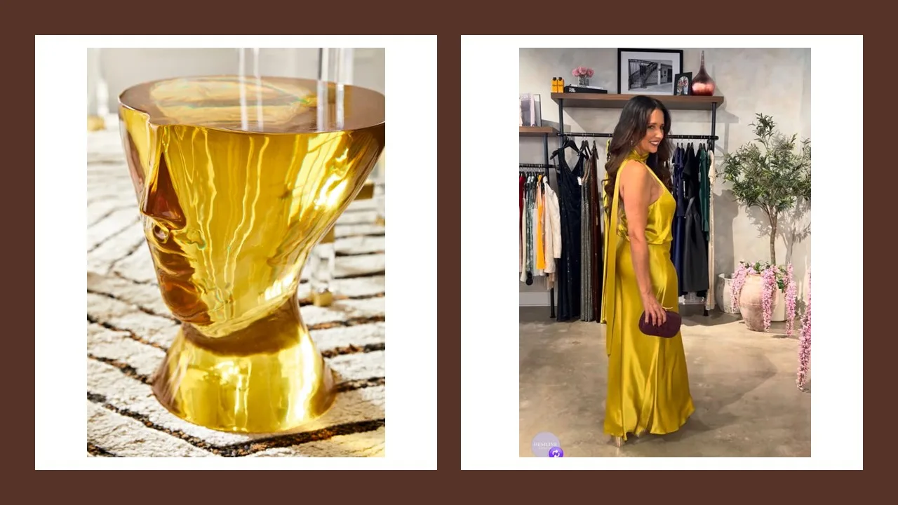 A molten gold side table beside a chartreuse satin gown
