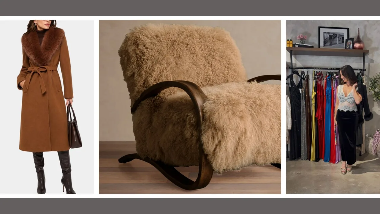A camel coat with a fur collar, a shearling lounge chair and a look from the boutique
