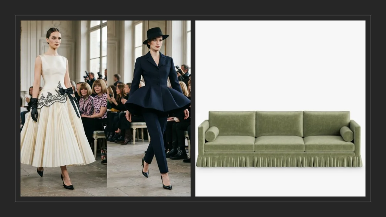 Runway looks with sculptural peplum tailoring beside a sage velvet sofa with a pleated skirt