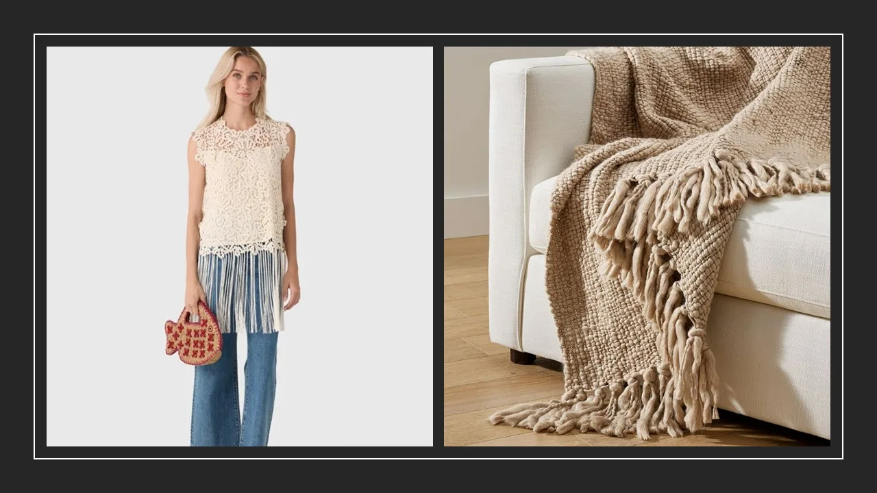 A fringed lace top beside a fringed woven throw on a white sofa